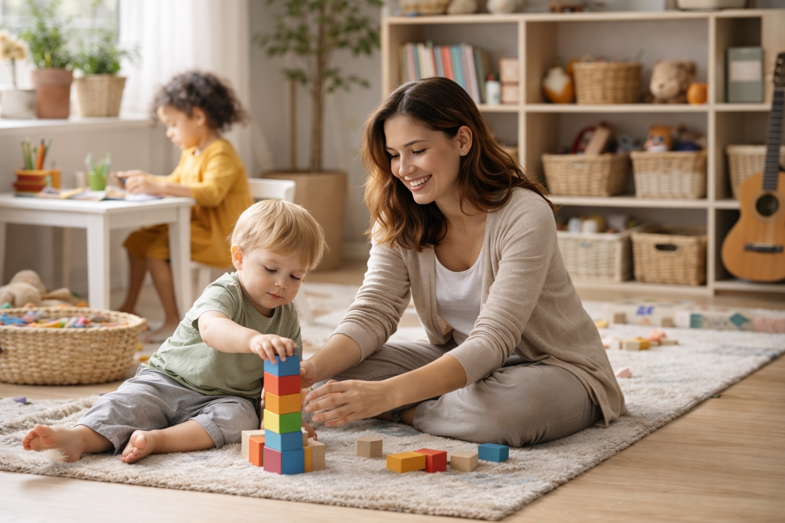 Educator guiding children in a warm, calm home daycare environment
