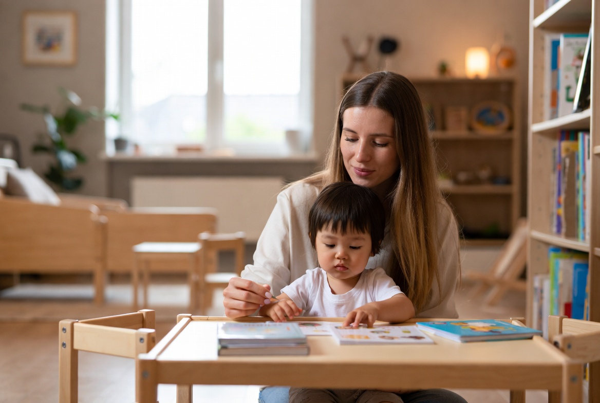 Educator guiding a child in a calm home daycare learning environment