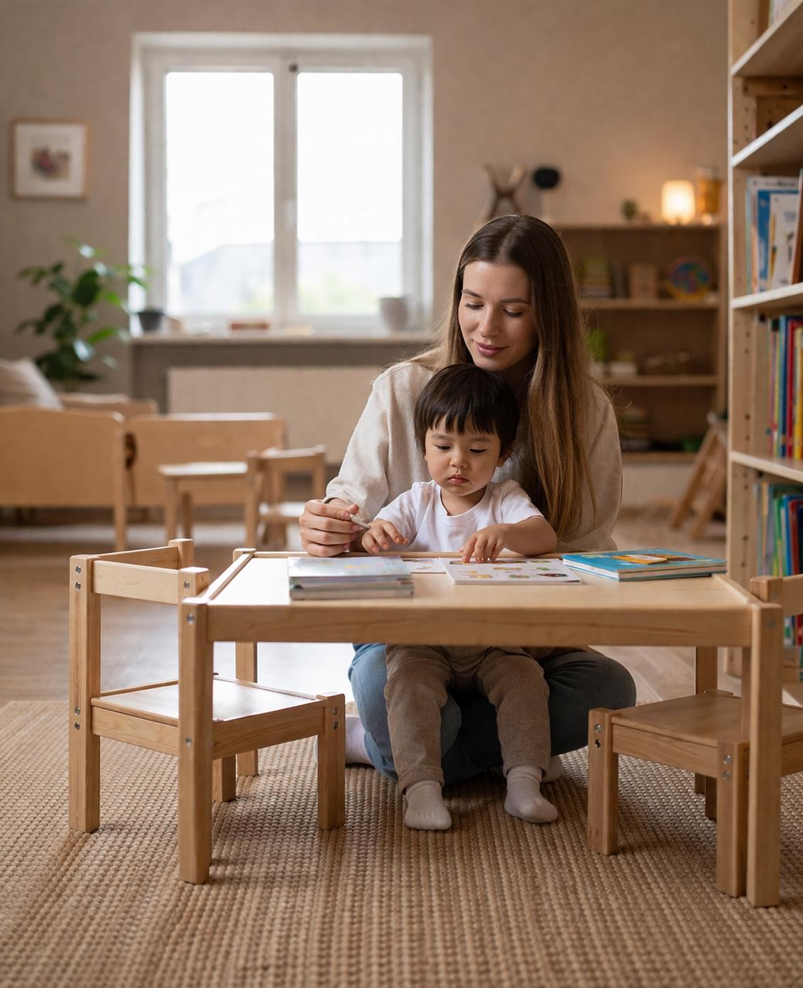 Educator guiding a child in a calm home daycare learning environment