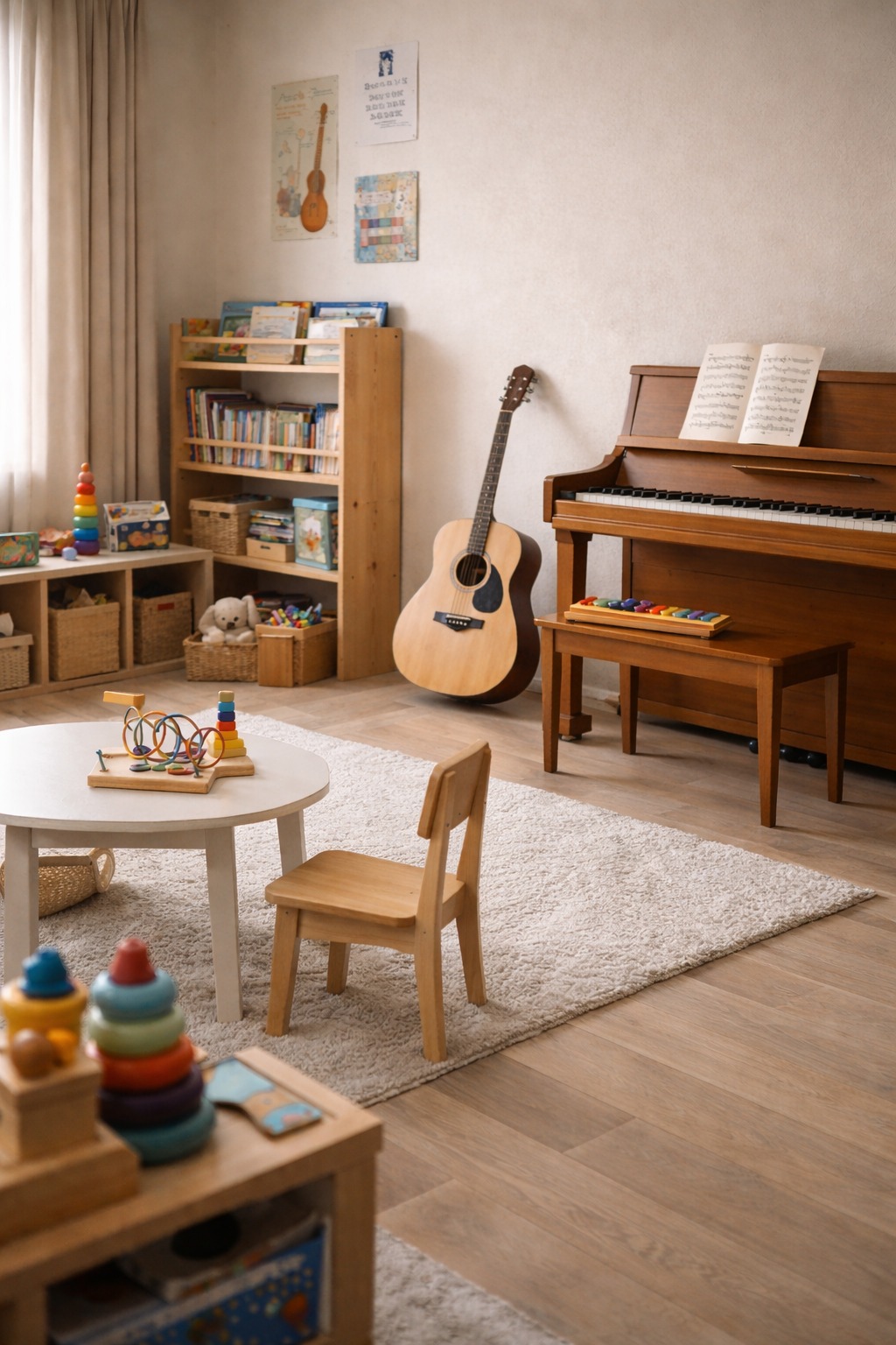 Warm home-based childcare space with books, toys, and a music corner