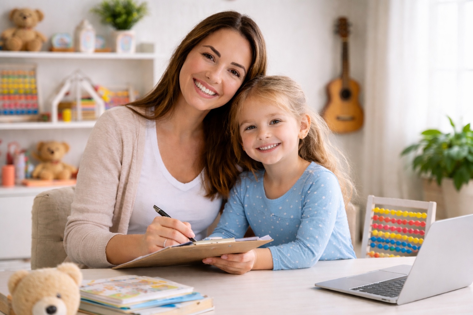 Parent and child in a warm home daycare setting with music-inspired details