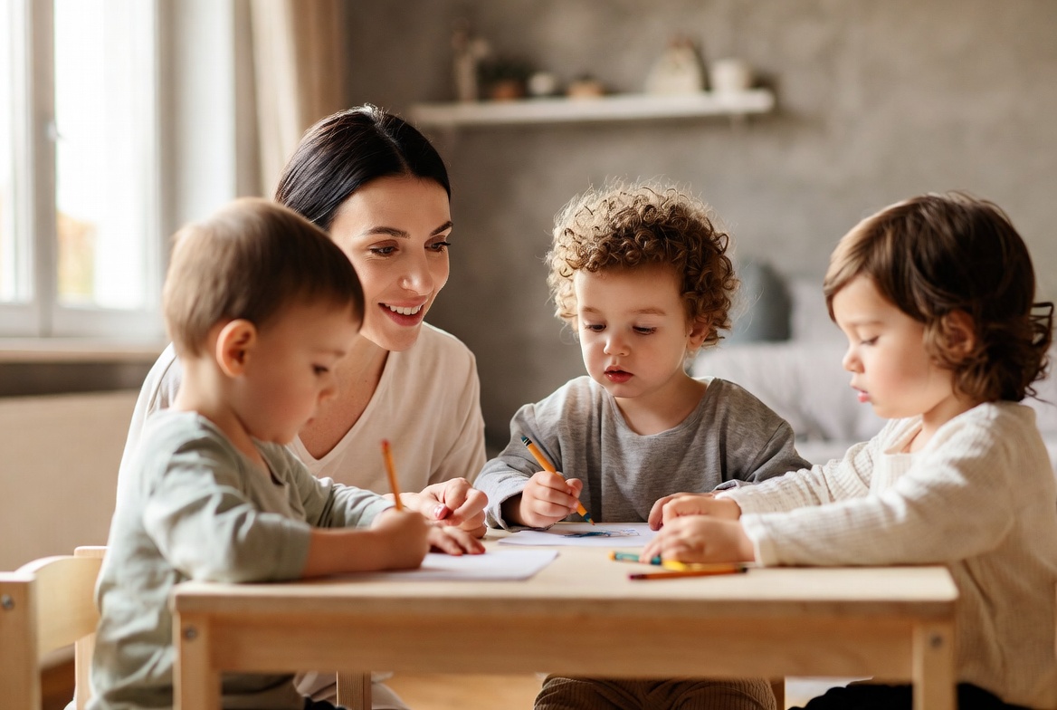 Educator guiding children in a warm home daycare