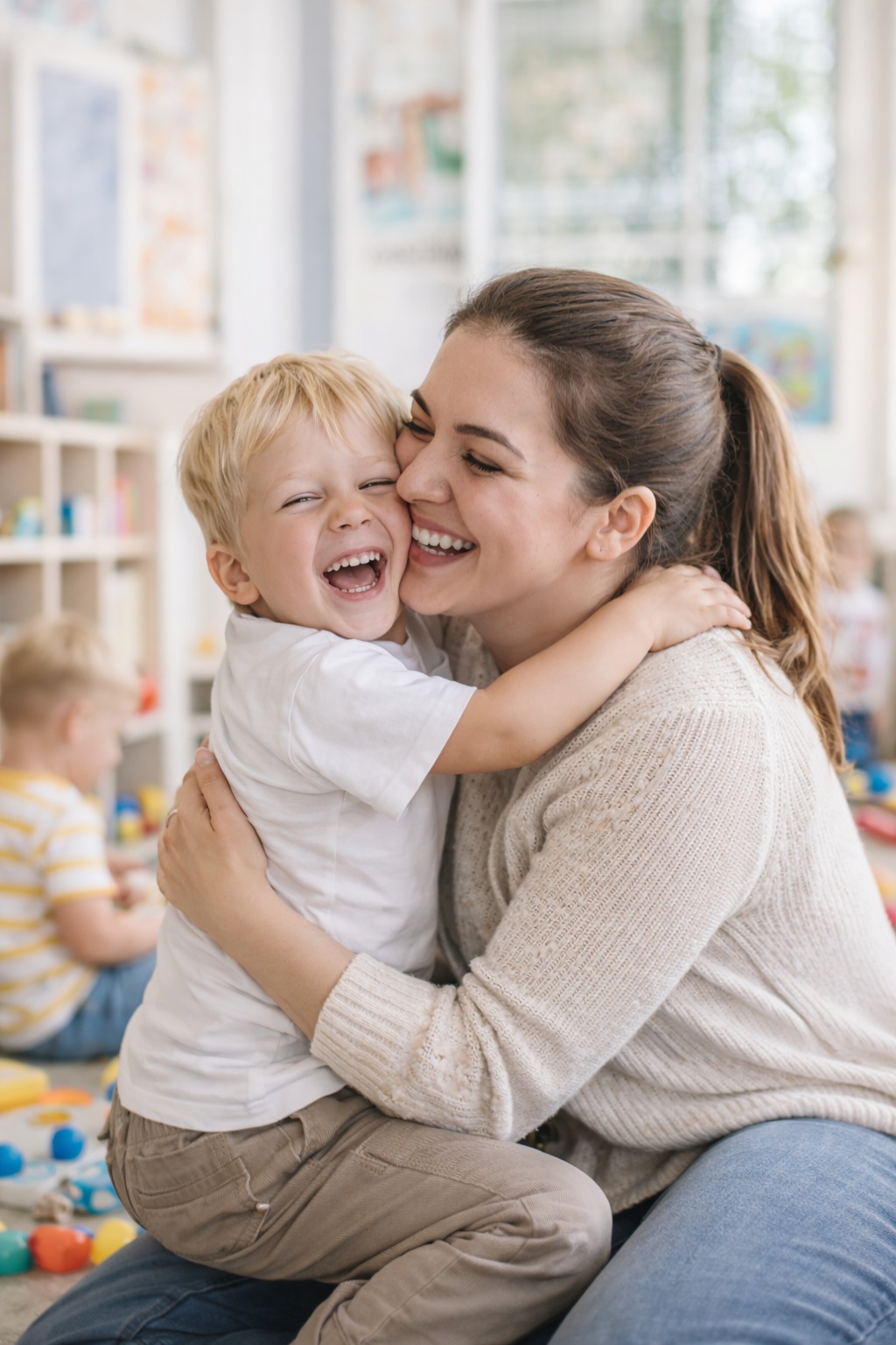 Parent holding a happy child in a warm home daycare setting