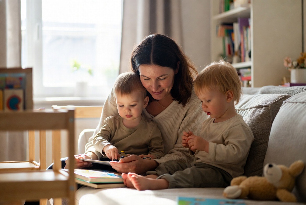 Educator caring for children in a warm, calm home daycare environment